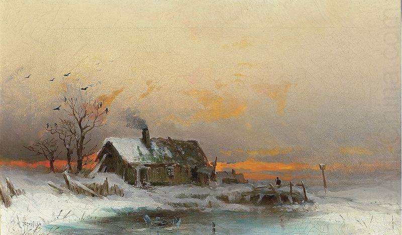 Winter picture with cabin at a river, unknow artist